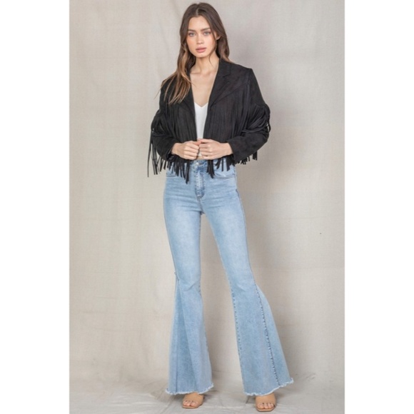 SOLD OUT Black Faux Leather Suede Fringe Cropped Western Boho Moto Jacket - Picture 3 of 8